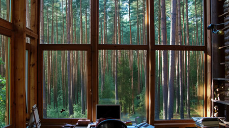 Remote work without external stimuli. Laptop on the desktop of a country house. A secluded place in the forest for productive work as a freelancer. Vertical picture.の素材