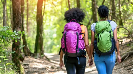 Rear view of two female hikers walking along a forest path. Surrounded by the wonders of nature, they radiate happiness and inspire others to pursue their passions.の素材
