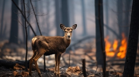 A deers grace and elegance shine through as it finds its way through the fiery landscapeの素材