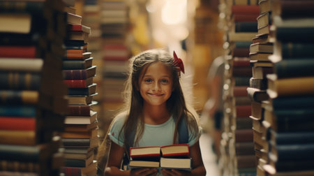 Caucasian girl with a books in her hands in front of bookshelves in a library.の素材