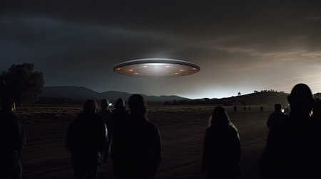 Contact with extraterrestrial civilizations. UFO - alien spaceship at night. Several people are fascinated looking at the UFO.の素材