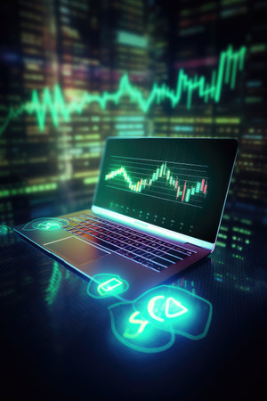Modern computer technologies to help investors. Laptop with stock trading charts. Investments and modern technologies concept. Vertical picture.の素材