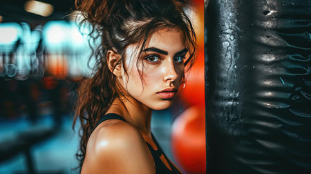 Caucasian woman in boxing gym. Self defense concept. With each punch, she unleashes her power and determination, making her an unstoppable force in the boxing gym.の素材