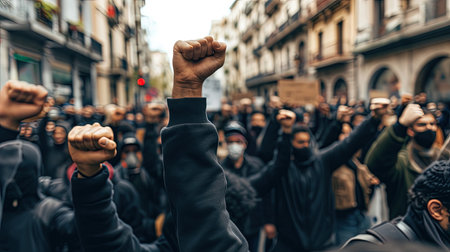 Protestors fists raised up in the air. Unified in their cause, hands rise in unison, fists clenched, as peaceful protesters make their voices heard. An unwavering stand for justice.の素材