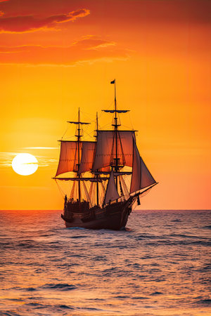 Small sailing ship in the open sea at sunset. The Whispering Breeze, a serene 17th-century sailing ship, gliding through the waters with a gentle breeze, whispering tales of distant lands.の素材