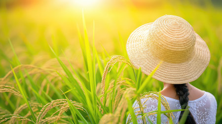 As the sun bathes the rice field in warmth, an Asian woman stands tall, her hands carrying the essence of hard work and the promise of abundance.の素材