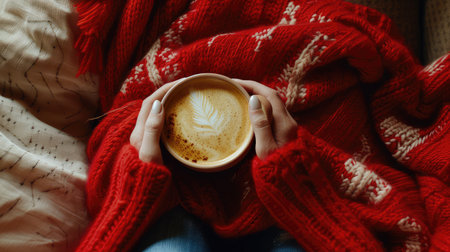 Top view of a female hands with a cup of coffee. The cup rests in her hands, an invitation to indulge in a moment of bliss.の素材