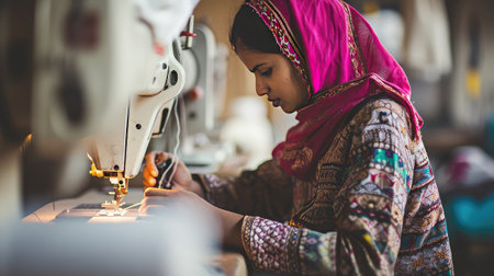 Focused young woman tailor with appearance sews things from natural fabric. With a steady hand, the talented tailor creates a masterpiece from soft, natural fabric.の素材