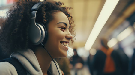 Young female train passenger traveling with her favorite music in headphones. Harmonies wrap around her, creating a cocoon of tranquility.の素材