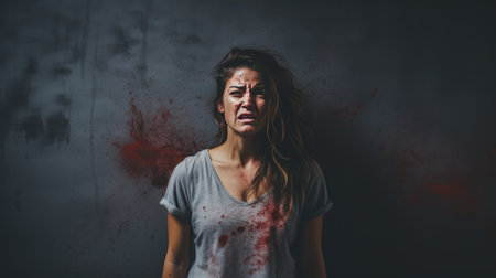 Woman subjected to home violence. Problem of home violence severe with pervasive affecting millions of women worldwide. Domestic violence grave and widespread problem impacting people across globe.の素材