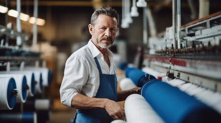 Photo of a middle aged Caucasian man working on a fabric production line. It configures the operation of the conveyor. Labor automation in light industry as the key to business success.の素材