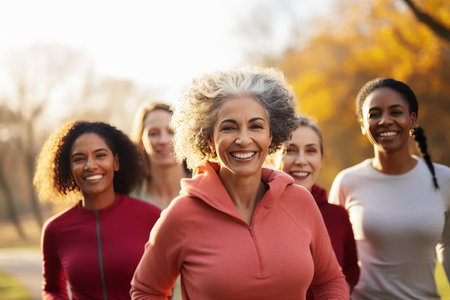 A group of women of different ages during an outdoor jogging workout. Joint training to motivate youth and maintain health in middle age. Format photo 5:2の素材