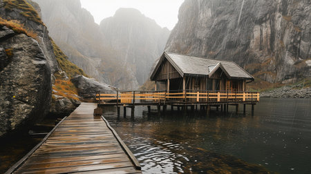 A small cozy house on the shore of a picturesque lake in the mountains. A retreat where the mountains meet the waters edge. A place for privacy from the city noise.の素材