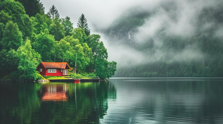 A small cozy house on the shore of a picturesque lake in the mountains. A tranquil escape where the beauty of the lake meets the grandeur of the mountains. A place for privacy from the city noise.の素材