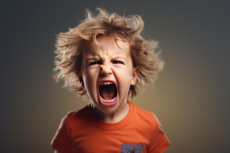Hysterics. Angry irritated boy. Emotional portrait of an upset preteen boy screaming in anger. Full of rage. Requirements for parents. Wrong perception. Reason to be child free.の素材