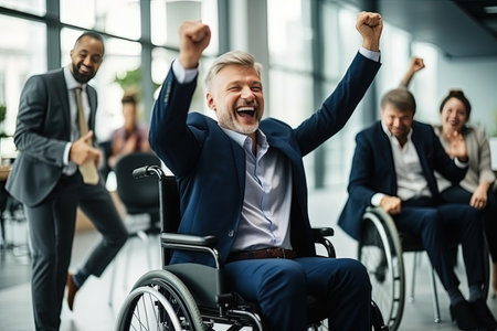 Satisfied and successful middle-aged people with disabilities celebrating success. Men and women of different ages smile, expressing happiness after completing a successful joint project.の素材