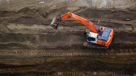 Red backhoe on construction site. Aerial view. The backhoes intricate hydraulic system powers its every move, making it a construction essential.の素材