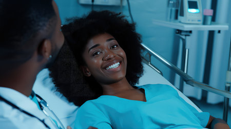 Doctor cheerfully communicates with the patient in the recovery room. Good news - the patient is recovering. Celebrating progress, the doctor and patient share a joyful exchange.の素材