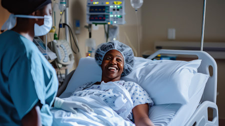 The doctor cheerfully communicates with the patient in the recovery room. Amidst the recovery process, the doctors cheerful presence brings a sense of ease and encouragement. A healing touch!の素材