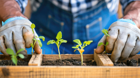 The elderly mans weathered hands gently plant delicate seedlings in nutrient-rich soil, nurturing new life in his garden.の素材