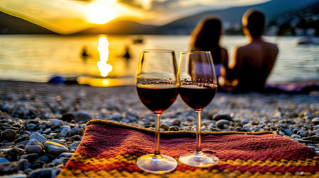 Date. Two glasses of white wine against the backdrop of a blurred couple in love on the seashore at sunset. Relationships concept.の素材