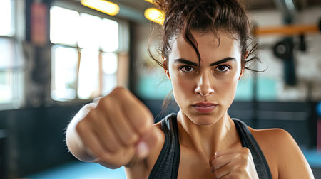 Caucasian woman in boxing gym. Self defense concept. The womans dedication to self-defense shines through as she combines precision and strength in her boxing workouts.の素材