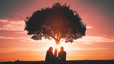 Silhouette of a loving couple under the tree during sunset.の素材