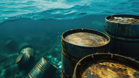 Rusty barrels of toxic chemicals on the ocean floor. Natures lament, rusty barrels mar the ocean floor, a testament to human folly. Environmental pollution concept.の素材