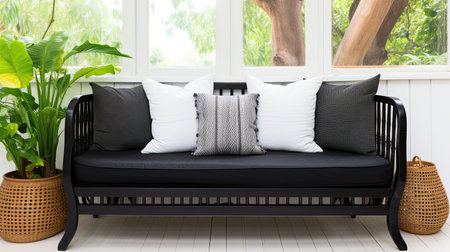 Cozy sofa with pillows on the veranda of a country house surrounded by potted plants. A place to read and relax from the hustle and bustle of the modern world.の素材
