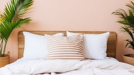 Bright bedroom in a minimalist Mediterranean style. Discover the beauty of Mediterranean design in this bright and spacious bedroom. A haven of tranquility.の素材