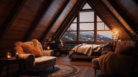 Interior in a country bedroom with a big window. Arrangement and cozy atmosphere of a country house. Bed and shelves with books for privacy away from the bustle of the city.の素材