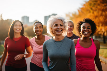 A group of women of different ages during a running workout in the park. Joint training to motivate youth and maintain health in middle age. Women health club. Format photo 3:2.の素材