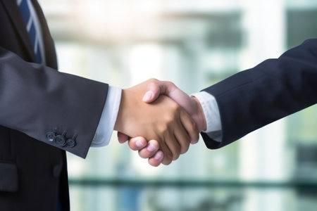Shaking hands. Deal. Shadow business and secret government agreements. Photo of two influential men shaking hands in a blurred office background.の素材