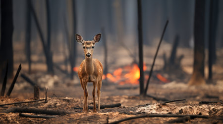 The vulnerability of wildlife is brought to the forefront as a deer navigates the fiery landscape.の素材
