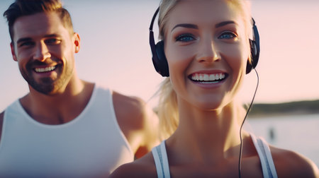 Jogging workout. Middle aged couple during jogging workout on the beach.の素材