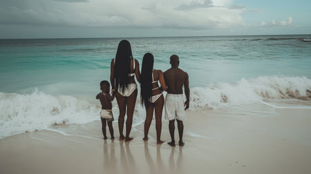 A family walks along the beach and enjoys the warm weather and sea breeze. Joyful moments shared amidst the rhythmic sounds of crashing waves.の素材