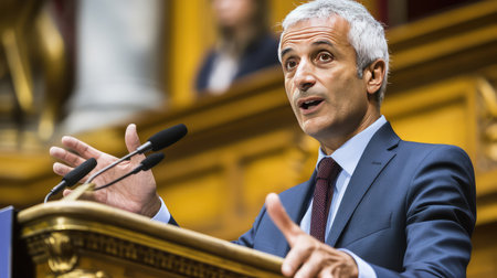 Speech in parliament. An attempt to convey your point of view, supported by arguments and active gestures. Dynamic gestures, adding weight to the message.の素材