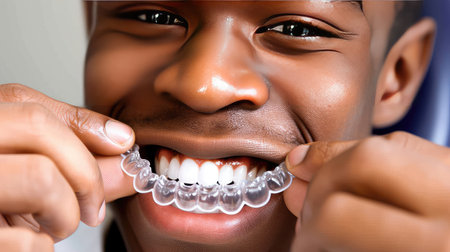 Young African American man inserting a dental aligner. Close-up view. The aligners touch, sculpting a remarkable smile.の素材