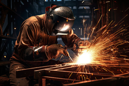Process of welding - industrial welder with torch. Highly skilled welder worker is welding in the construction site in the factory.の素材