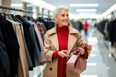 Cheerful pretty senior woman buyer choosing clothes from rack in clothing store, blurred background. Cute female shopaholic select and buying clothes in fashion boutique during sale.