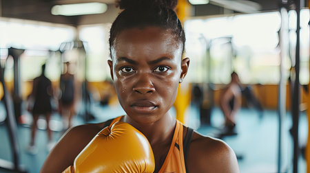 The photo captures a moment of pure focus as she hones her self-defense skills in the boxing gym. African American woman in boxing gym. Self defense concept.の素材