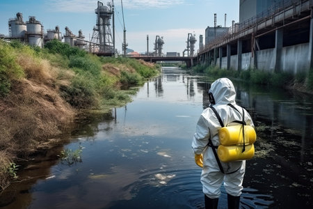 Personnel wearing a white radioactive protective suit testing the water. Pollution control to improve the operation of wastewater treatment plants in modern factories and enterprises.の素材