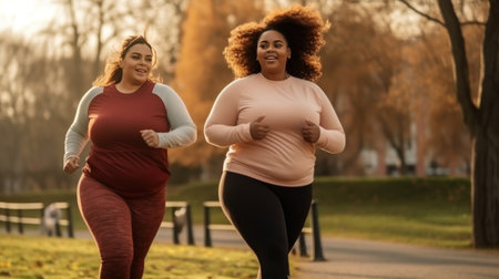 Overweight female friends doing sports together running in park with yellow foliage on trees losing weight. Active lifestyle and desire to lose excess weight. Support from friend.の素材