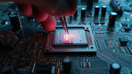 Close-up view of a Installing the processor into the motherboard with tweezers. Laptop repair and improvement. Expertly installing processors with tweezers for improved laptops.の素材