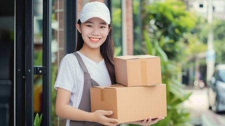 Delivery service. An Asian young woman carries a cardboard boxes with a parcels to a customer. On a mission to deliver happiness, one package at a time.の素材