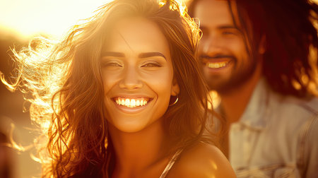 Close-up portrait of a loving young couple embracing on the beach. Hearts entwined, they find solace in the sand.の素材