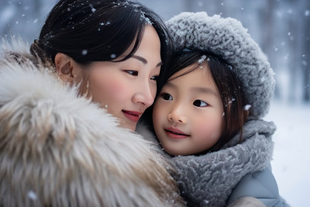Asian mother and daughter warmly dressed in winter during snowfall embrace with smiles. Asian mom warmly hugs little daughter in nature during snow. Asian family warm in cold with loving hugsの素材