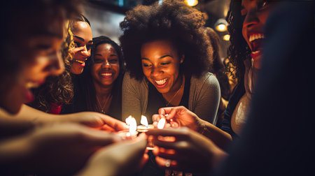 Woman looks on birthday cake making wish. Shes poised to blow out the candles and set her dreams free.の素材