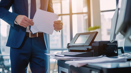 Man in office with printer. The office man ensures high-quality prints every time.の素材