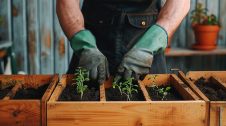 The seasoned hands of the elderly man gracefully navigate through the earth, planting the seeds that will soon burst into life.の素材